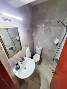 a bathroom with a sink and a toilet and a mirror at Bluetopas Otel in İskele