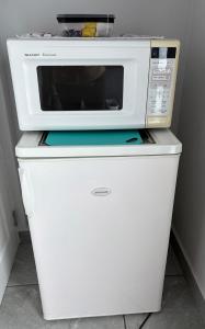 a microwave sitting on top of a white refrigerator at Strandkiewiet in Jacobs Bay +29 photos