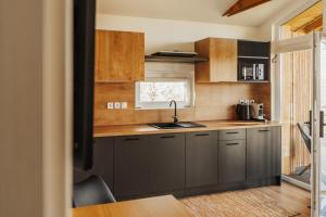 a kitchen with gray cabinets and a sink at Faház- Naplemente in Véménd +6 photos
