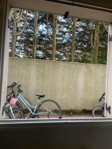 two bikes are parked next to a wall at Chambre confortable in Saint-Maur-des-Fossés