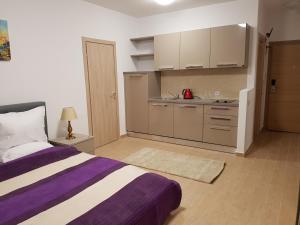 ママイアにあるDe Silva Residenceのベッドルーム(紫と白のベッド1台付)、キッチン