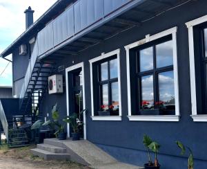 a blue building with windows and potted plants on it at Studio apartmani Atlantik in Nedelišće