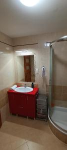 a bathroom with a red sink and a shower at Domek w Sielpi in Sielpia Wielka +4 photos