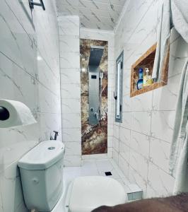 a white bathroom with a toilet and a shower at Dyden luxury appartement in Douala