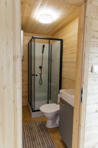 a bathroom with a shower and a toilet and a sink at Glamping Prague Louka in Prague