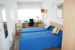 a bedroom with a blue bed and a desk at Residencia Universitaria Resa Colegio de Cuenca in Salamanca