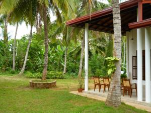 a porch of a house with chairs and palm trees at Serene Home Stay in Udawalawe