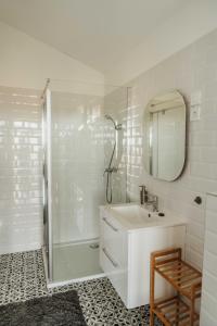 a bathroom with a shower and a sink and a mirror at Faház - Panoráma in Véménd
