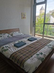 a bed in a bedroom with a large window at Hostel Rioni in Kutaisi