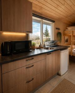 a kitchen with a microwave and a sink at Arhus Cottage and Camping in Hella