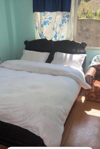 a bed with white sheets and a window at Hotel River View in Syābru Bensi