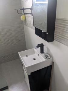 a bathroom with a white sink and a mirror at Ambourvi in Mahajanga +5 photos