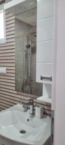 ein weißes Waschbecken in einem Badezimmer mit Dusche in der Unterkunft krupajsko vrelo in Milanovac