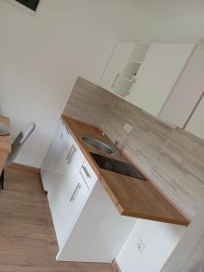 ein Badezimmer mit einer Holzwaschtischplatte und einem Waschbecken in der Unterkunft krupajsko vrelo in Milanovac