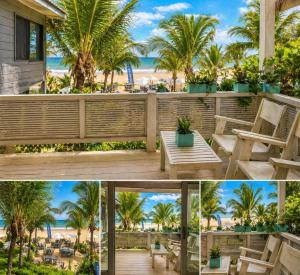 a deck with a bench and a view of the beach at As Palhas in Icaraí
