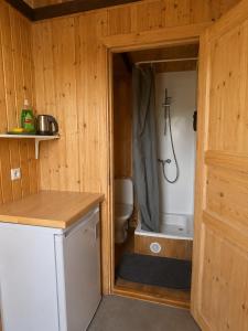 a small bathroom with a shower and a toilet at Arhus Cottage and Camping in Hella +67 photos