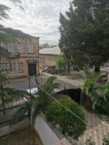 a view of a street with buildings and palm trees at Hostel Rioni in Kutaisi