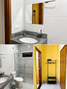 two pictures of a bathroom with a sink and a toilet at Hotel Catedral in Ribas do Rio Pardo