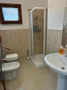 a bathroom with a shower and a toilet and a sink at Le Persiane Azzurre est in Albiano +27 photos