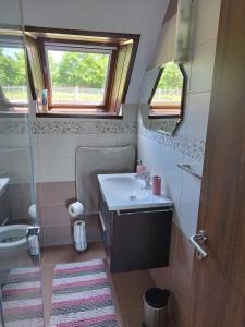 a small bathroom with a sink and a shower at Klára Vendégház in Badacsonyörs +20 photos