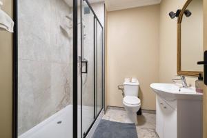 a bathroom with a shower and a toilet and a sink at Apartamenty Złotoryja Silver 2 in Złotoryja
