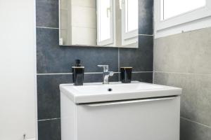 a bathroom with a white sink and a mirror at Le KA NOE in Vaires-sur-Marne +4 photos
