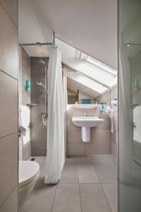 a bathroom with a shower and a sink and a toilet at Iris am See garni in Radolfzell am Bodensee +70 photos