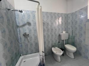 a bathroom with a shower and a toilet and a sink at Vila Beliz in Tirana +14 photos