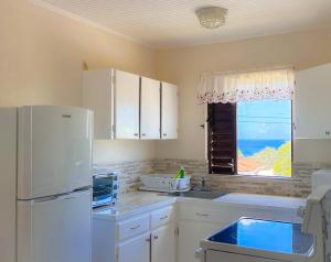 a kitchen with a white refrigerator and a window at Kenridge Residences in Saint James