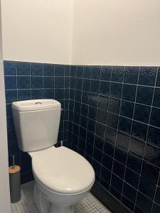 a bathroom with a white toilet and blue tiles at Maison de Village in Leuglay +6 photos