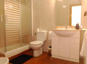 a bathroom with a toilet and a sink and a shower at Hostal Restaurante "El Cercao" in Saúca