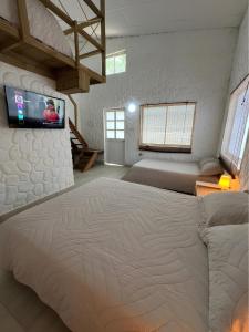 a bedroom with a large bed with a tv on the wall at Boutique Playa DanRay in La Perdiz