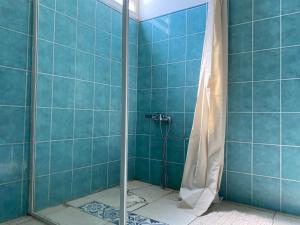 a bathroom with a shower with blue tiles at Bel appartement à Damencourt in Le Moule