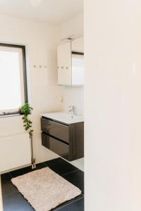 a small kitchen with a sink and a window at Vakantiehuis dicht bij het strand in Ouddorp +40 photos