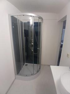 a glass shower in a bathroom with a sink at Apartment "Zum Rössel" Schönbrunn in Schönbrunn