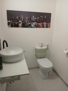 a bathroom with a sink and a toilet and a painting at Apartment "Zum Rössel" Schönbrunn in Schönbrunn