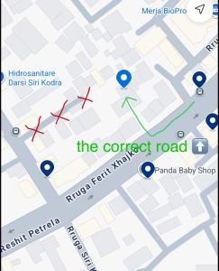 a map of the correct road with markers at Vila Beliz in Tirana