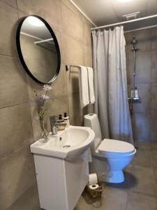 a bathroom with a sink and a toilet and a mirror at Humble Kro og Hotel in Humble