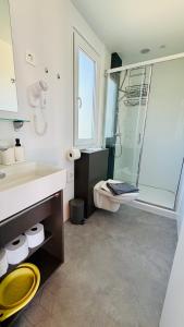 a bathroom with a shower and a sink and a toilet at Mobile Home Camp Dalmata Orebić in Orebić +16 photos