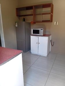 a kitchen with a microwave and a refrigerator at Traquil Stays BnB in Klerksdorp