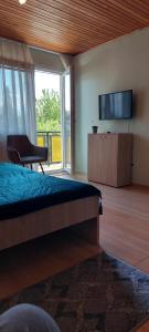 a bedroom with a bed and a television and a chair at Maróni Ház in Zalakaros