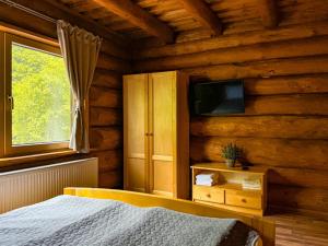 a bedroom with a bed and a tv on a wall at Craiasa Draganului in Poeni