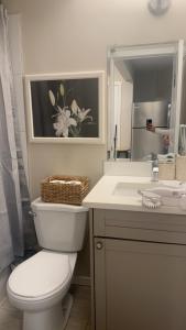 a bathroom with a toilet and a sink and a mirror at The Urban Nest 2 in Calgary