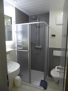 a bathroom with a shower and a toilet and a sink at Landhotel Auerose Garni in Neu Kosenow +35 photos