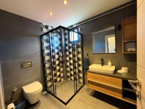 a bathroom with a shower and a toilet and a sink at MarinaBlueGarden34 in Karaburun +64 photos