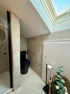 a bathroom with a black toilet and a ceiling at Bergheimat Stüble Allgäu in Bad Hindelang