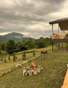 a fire pit in a field with a view of a mountain at vaav house in Tyudov