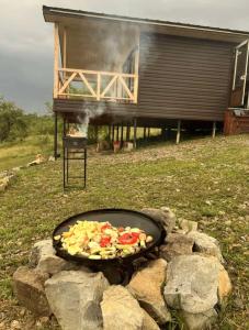 a grill with a bunch of food in front of a house at vaav house in Tyudov