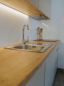 a kitchen with a sink and a wooden counter top at Hiša Liza in Kobarid +96 photos