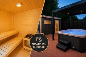 a sauna with a hot tub and a sign that says jigsaw bubbleauder at Pulheim Room in Pulheim